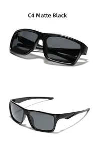 Detail view of matte black TR90 square sunglasses with polarized lenses and size specs