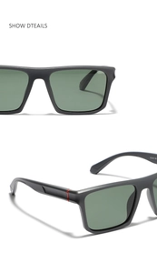 Detail of square TR90 polarized sunglasses showing red hinge accents and matte black frame