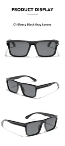 Three-angle view of glossy black square TR90 polarized sunglasses with blue accents