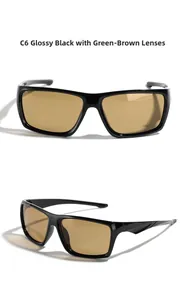 Detail view of Y2K square polarized sunglasses with bright black frame and brown lenses
