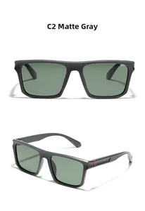 Detail view of matte grey square TR90 sunglasses with red accent and green lenses