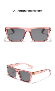 Detailed views of translucent burgundy TR90 square sunglasses with grey polarized lenses