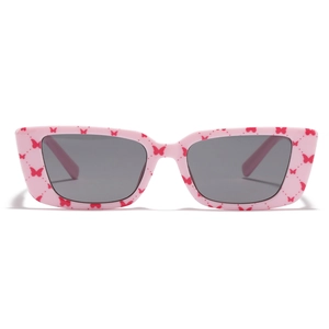 Pink rectangular Y2K sunglasses with red butterfly patterns and dark grey lenses
