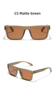 Detailed view of matte green square TR90 sunglasses with brown lenses and orange accents
