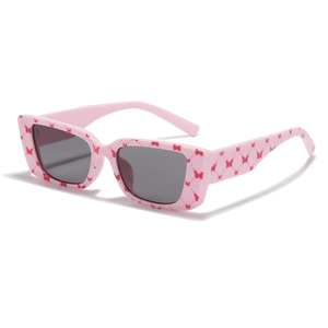 Pink Y2K rectangular sunglasses with red butterfly patterns and dark grey lenses