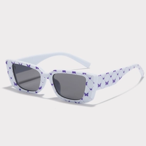 Y2K narrow square white sunglasses with purple butterfly patterns and gray lenses