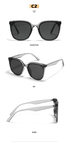 Three views showing C2 grey translucent frame with metal hinges and dark grey lenses