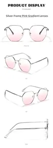 Detailed views of oversized octagonal sunglasses with silver metal frames and pink gradient lenses
