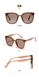 Three-view detail of beige square oversized sunglasses with translucent brown lenses