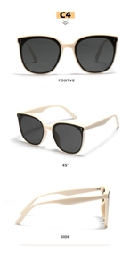 Three views of beige oversized sunglasses showing front, 45-degree, and side angles
