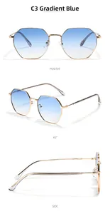 Detailed views of polygon metal sunglasses with gradient blue lenses from three angles
