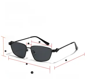 Detailed size guide of square metal sunglasses with 14.9cm width and 28g weight specs
