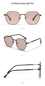 Detailed views of octagon metal sunglasses with black frames and light tea lenses