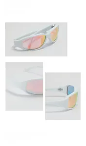 Makroaufnahme der weißen Sportsonnenbrille mit rot-gelben Verlaufsgläsern und Details