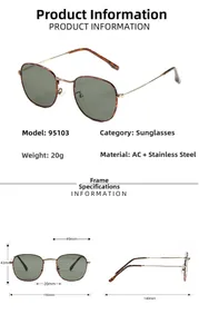 Tableau des tailles détaillé pour lunettes de soleil rétro en acier inoxydable avec mesures
