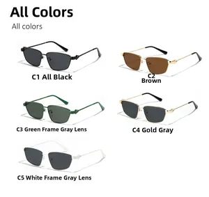 Detailed close-up of square metal sunglasses in five color options with various lenses
