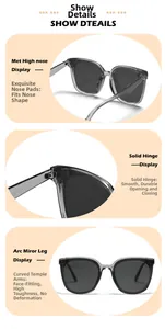Detail view of smooth nose pads, sturdy hinges and curved temples of grey sunglasses