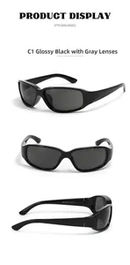 Makroansicht der Y2K-Rechteck-Sonnenbrille mit Bügelspezifikationen und Rahmendetails
