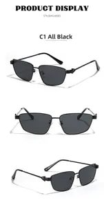 Three-view display of black square metal sunglasses featuring geometric hollow hinge details