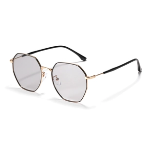 Octagonal oversized geometric sunglasses with gold metal frame and light grey lenses