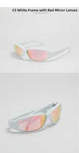 Detailansicht der weißen Y2K Sonnenbrille mit rot-orange verspiegelten Gläsern und CE-Zeichen