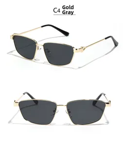 Detailed views of square metal sunglasses in gold gray with sleek gray lenses