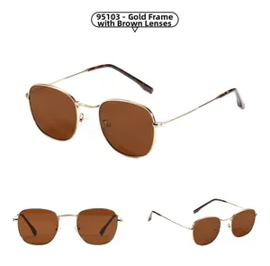Vues détaillées des lunettes de soleil rétro en métal doré avec verres marron et embouts