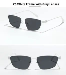 Detailed views of square metal sunglasses with white frames and dark grey lenses