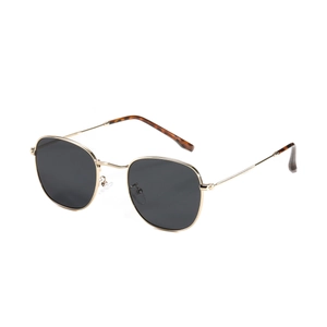 Lunettes de soleil hexagonales dorées vintage avec verres noirs et embouts en écaille