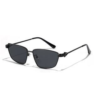 Square black metal sunglasses with dark gray lenses for men and women on white background