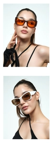 Detail of square Y2K sunglasses with thick frames in brown and white on models