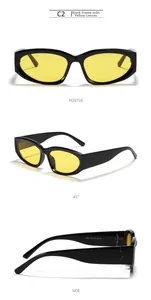 Détails de lunettes de soleil à monture noire étroite avec verres jaunes et branches lisses