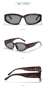Trois vues de lunettes de soleil grain de bois violet avec monture étroite et verres gris
