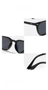 Detailed close-up of premium black square sunglasses featuring durable metal hinges