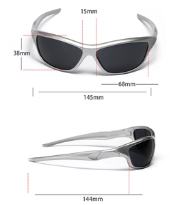 Silver Y2K sports sunglasses with detailed dimensions including 145mm frame width