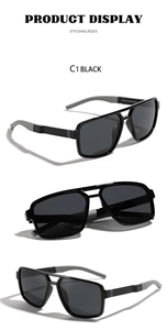 Détails de lunettes de soleil carrées TR90 noires avec spécifications du modèle