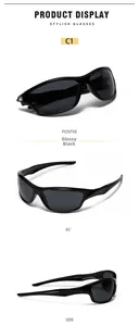 Detailed views of glossy black Y2K sunglasses in front, 45-degree, and side profiles