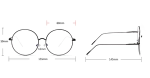 Detailed size chart showing dimensions of the vintage round metal frame glasses
