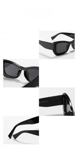 Detail view of glossy black Y2K rectangular sunglasses frames and temple hinge structure