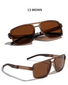 Détail de lunettes de soleil polarisées C2 Brown avec spécifications de monture et accents rouges