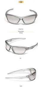 Three-view detail of lightning grey Y2K futuristic sporty sunglasses in translucent finish