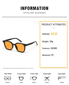 Detailed size chart and technical specifications for square frame UV400 sunglasses