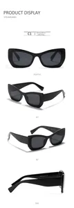 Detail shots of Y2K cat-eye sunglasses in glossy black with size specs 95207 58-16-151