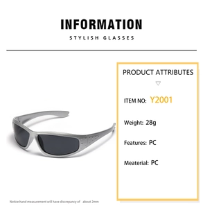 Technical specs for Y2K cycling sunglasses featuring PC material and 28g weight
