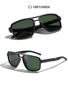 Détail des lunettes de soleil polarisées TR90 carrées avec double pont et rayures bleues