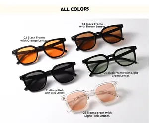 Flat lay of square sunglasses in black and transparent frames with colorful lenses
