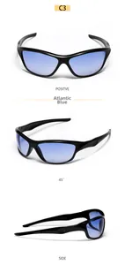 Three-view layout of cyber Y2K sports sunglasses in Atlantic Blue with black frames