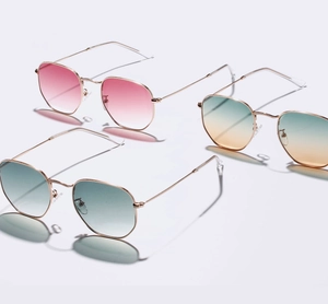 Detailed view of three trendy square metal frame sunglasses with vibrant gradient lenses