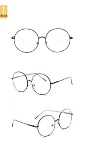 Three-way view of retro black round metal glasses frames with minimalist slim design
