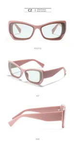 Three-view detail of pink cat-eye Y2K sunglasses with stylish gray lenses and wide temples